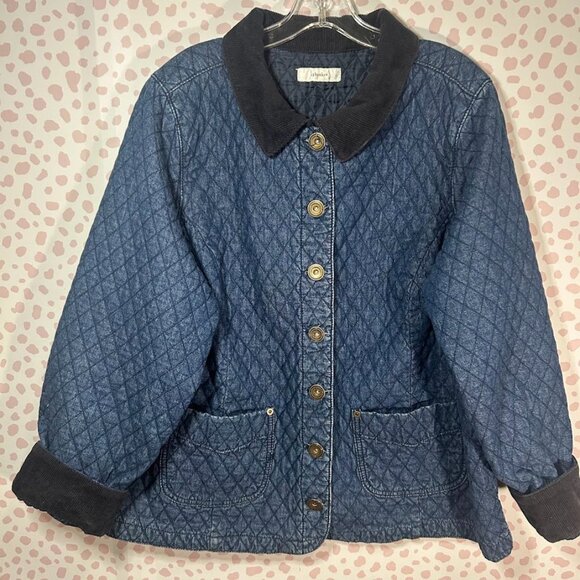 Cj Banks 2X Womens Quilted Denim Core Coat Barn Jacket Corduroy Trim Fisherman - Picture 1 of 8